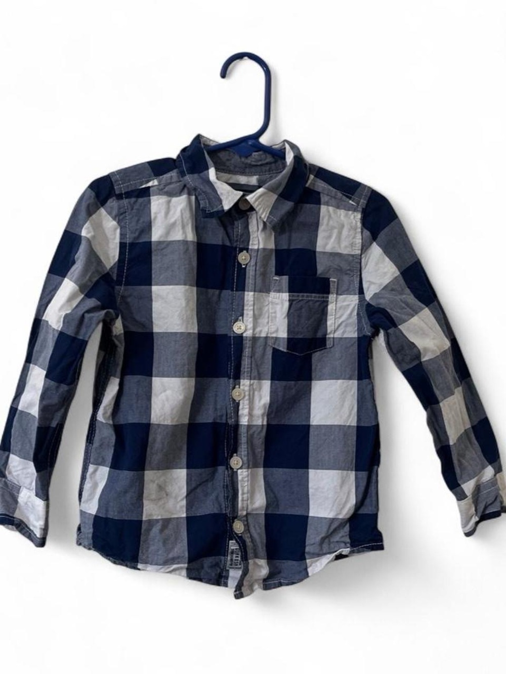 Toddler Boy 3T Button Up Collared Long Sleeve Navy Blue White Plaid Oshkosh